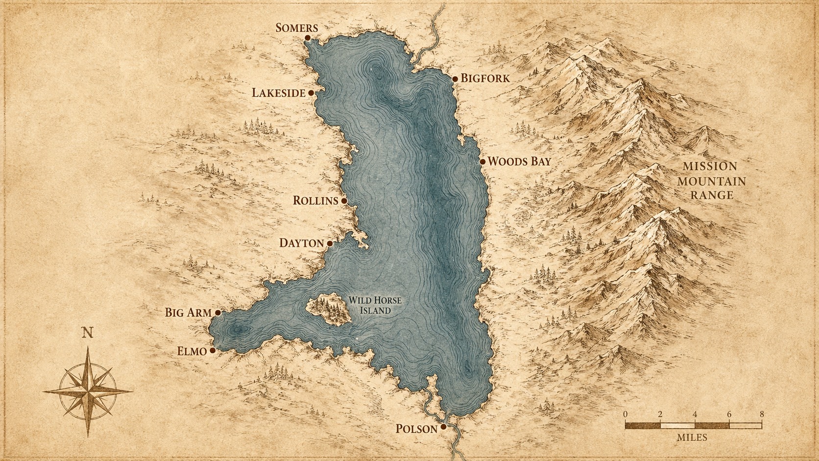 Hand-illustrated map of Flathead Lake, Montana, with the nine towns of the shoreline labeled: Somers, Lakeside, Bigfork, Woods Bay, Polson, Big Arm, Elmo, Dayton, and Rollins. Wild Horse Island sits in the southwest of the lake; the Mission Mountain Range rises along the eastern edge.